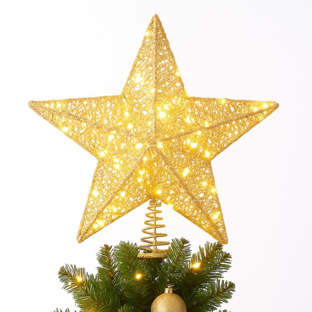 Gold Wrapped Glitter Open Star Light Up Christmas Tree Topper 11" Lit Holiday